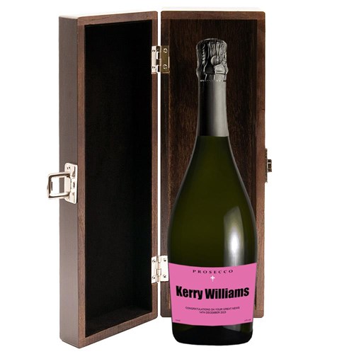 Personalised Prosecco - Pink Label in Elm Wood Gift Box